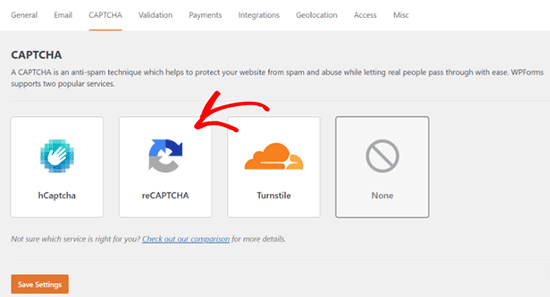 Select CAPTCHA type in WPForms