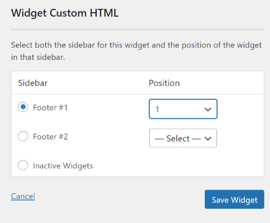 Seleziona l'area e la posizione per il tuo widget HTML personalizzato