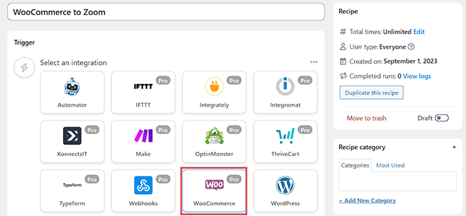 Select WooCommerce as trigger integration