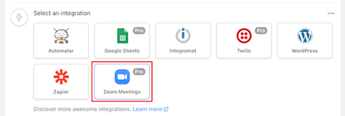 Select Zoom Meetings integrations under the actions section