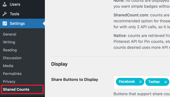 Shared Counts Settings Page