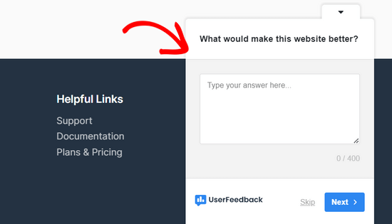 UserFeedback popup survey example