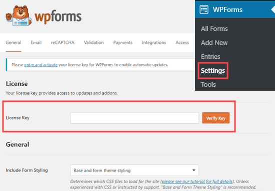 输入 WPForms 的许可证密钥