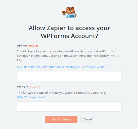 输入 WPForms 中的 API 密钥和您网站的 URL