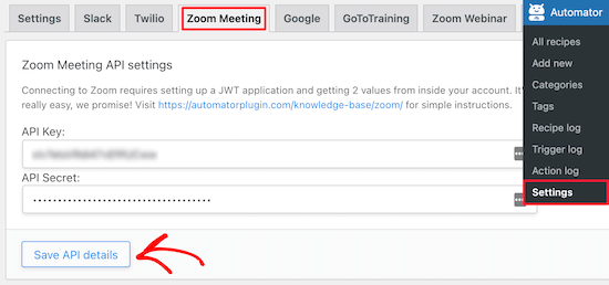 Enter Zoom meeting API keys