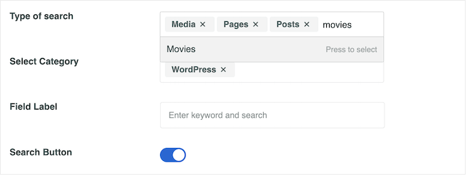Adding custom types to a WordPress search bar or form