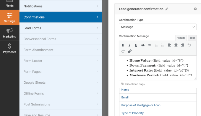 confirmation message wpforms