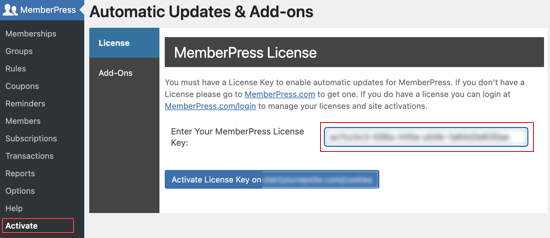 Inserisci la tua chiave di licenza MemberPress