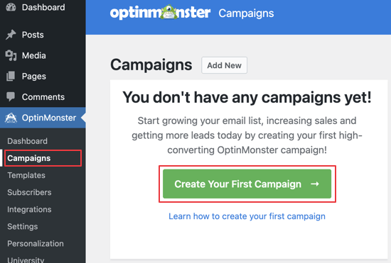 OptinMonster 캠페인 페이지로 이동