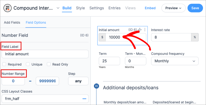 customize fields in online calculator form