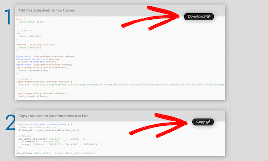 Scarica CSS e copia il codice PHP