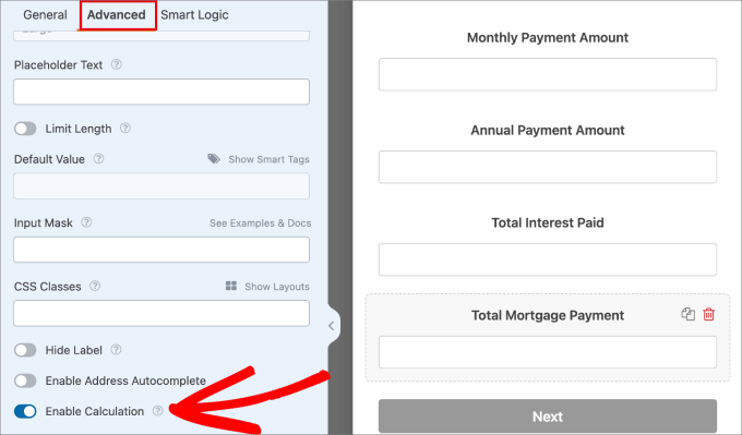 enable calculation wpforms