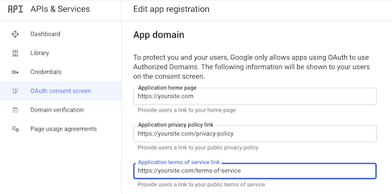 Enter app domain information