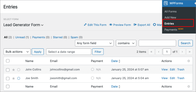 entries in wpforms