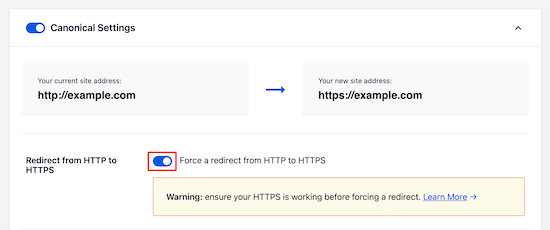 Force HTTP to HTTPS settings