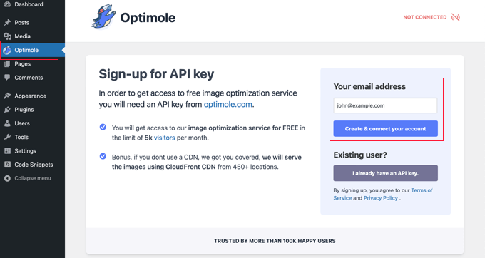 Sign Up for an Optimole API Key