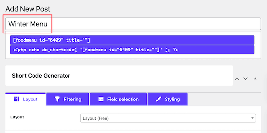 Name your menu shortcode