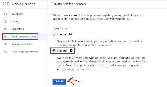 Click oauth content screen and select external