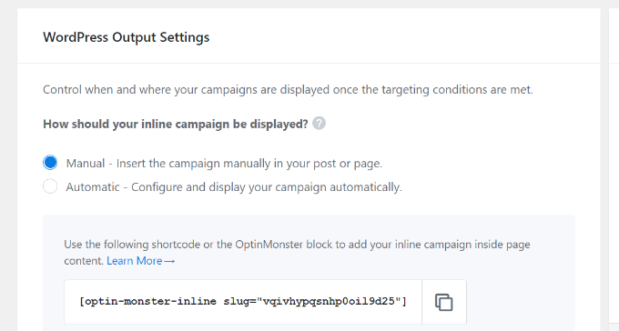 Select how inline campaign will appear with manual mode