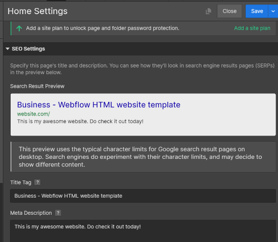 SEO Settings in Webflow