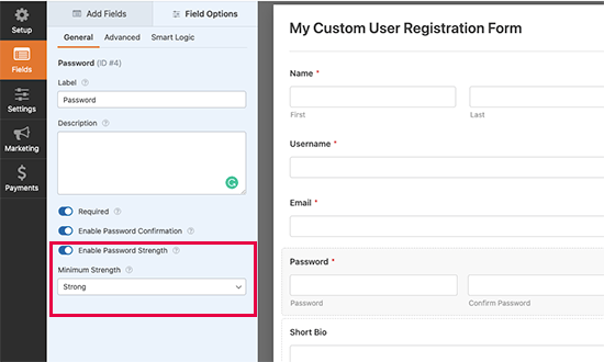 Richiedi una password complessa