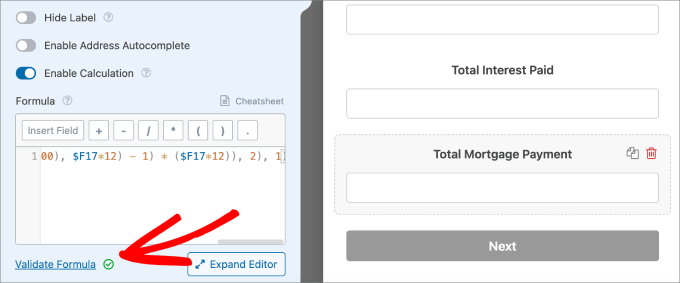 validate formula wpforms