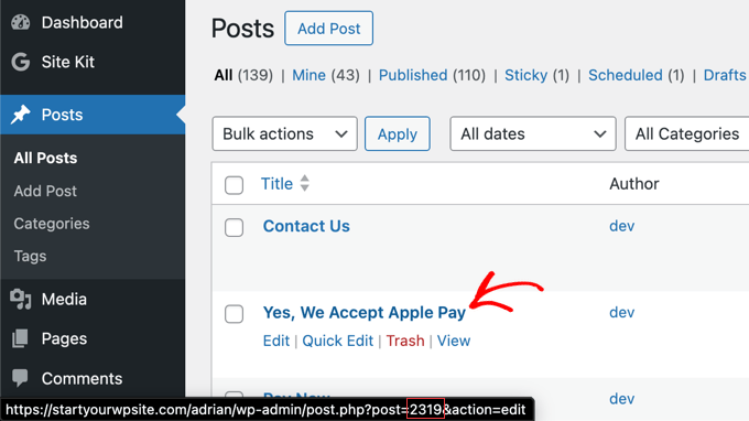 Trovare l'ID del post passando il mouse sopra un post nella dashboard di WordPress.