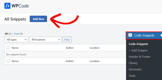 Clique no botão Add New Button para adicionar seu primeiro snippet de código personalizado no WordPress