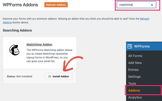 Install WPForms Mailchimp addon
