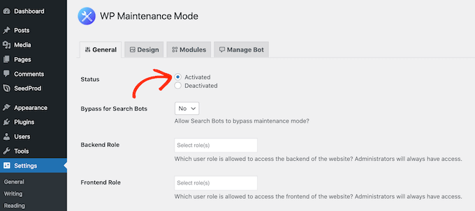 Activating maintenance mode in WordPress