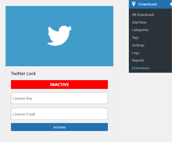 Add Twitter Lock License key and email