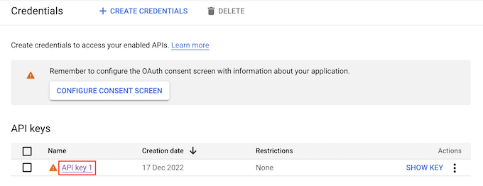 Editing an API key in the Google Cloud Console