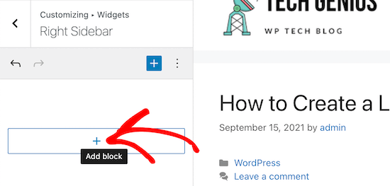 Click to add block to sidebar widget