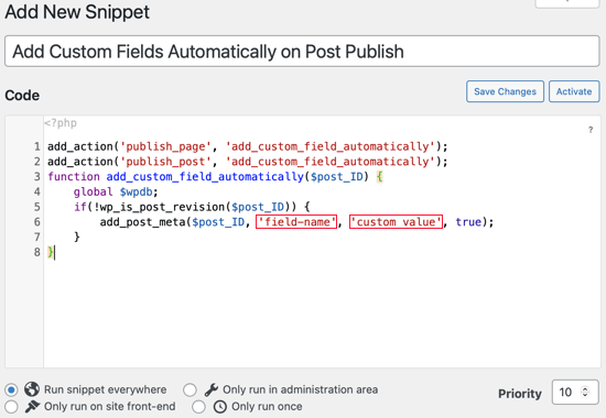 Paste the Code Snippet in the Code Box