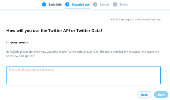 Entrez les réponses pour l'API Twitter et l'utilisation prévue des données