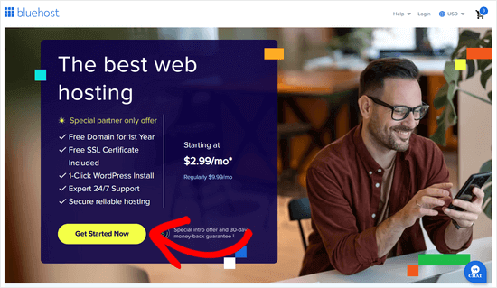 Clicking the Get Started Now button in the Bluehost page Clicking the Get Started Now button in the Bluehost page