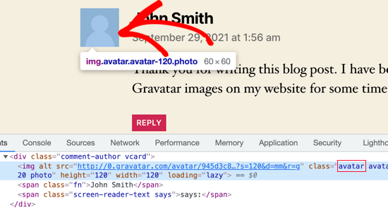 Trouver la classe CSS de l'image Gravatar