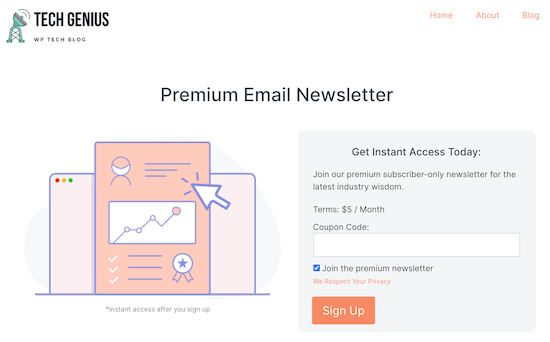 Home page email newsletter example
