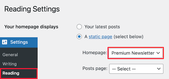 Select static newsletter page for homepage