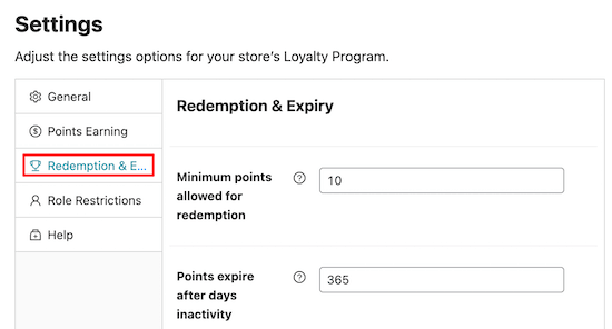 Redemption and expiry settings