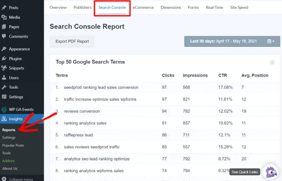 MonsterInsights Google Search Console data for top keywords