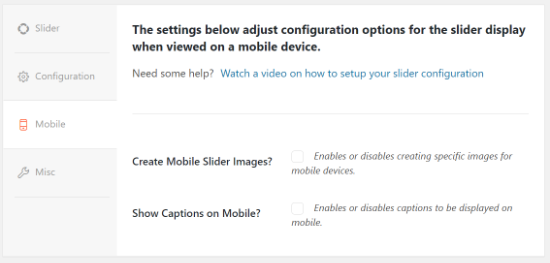 configurações do Slider mobile