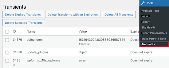 Transients manager plugin screen