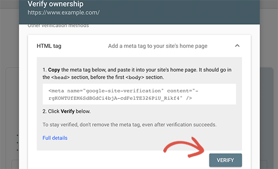 Verify search console HTML tag