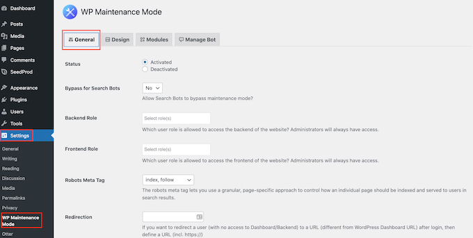 The WP Maintenance Mode plugin's settings