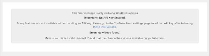 A YouTube error message, in the WordPress dashboard