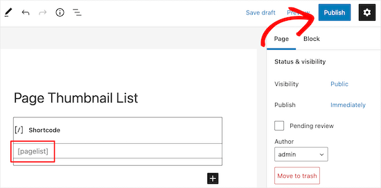 Add pagelist shortcode and save