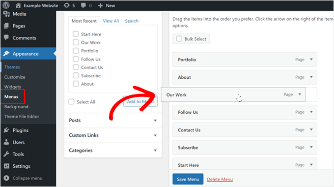 Dragging and dropping menu items in the WordPress Menu Editor