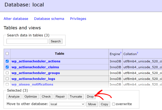 Drop table in database