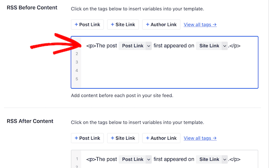 Modifica contenuto RSS di intestazione e piè di pagina